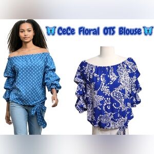 🦋✨CeCe Blue & White Floral Off-the-Shoulder Blouse – Size Small – NWT🦋✨